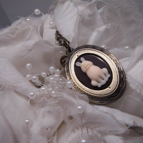 Bronze BUNNY Rabbit Cameo locket Necklace Mourning - Picture 5 of 7